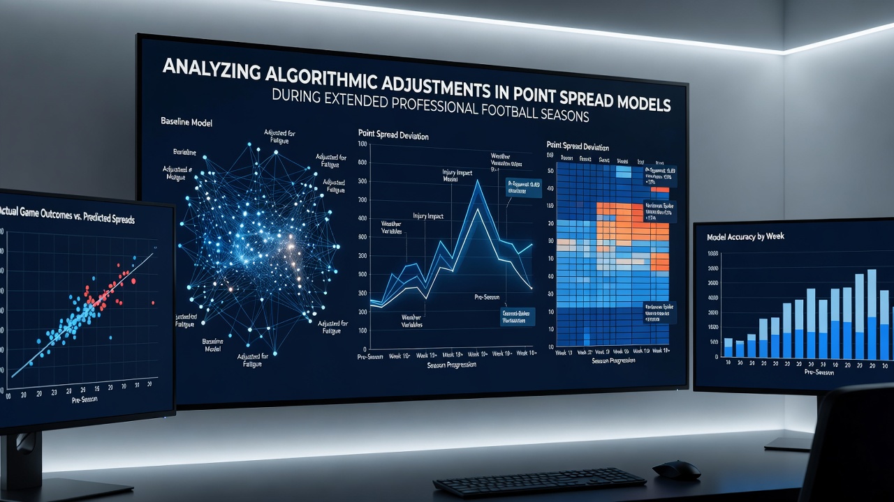 Data visualization showing point spread model adjustments across multiple NFL seasons with algorithmic variables highlighted