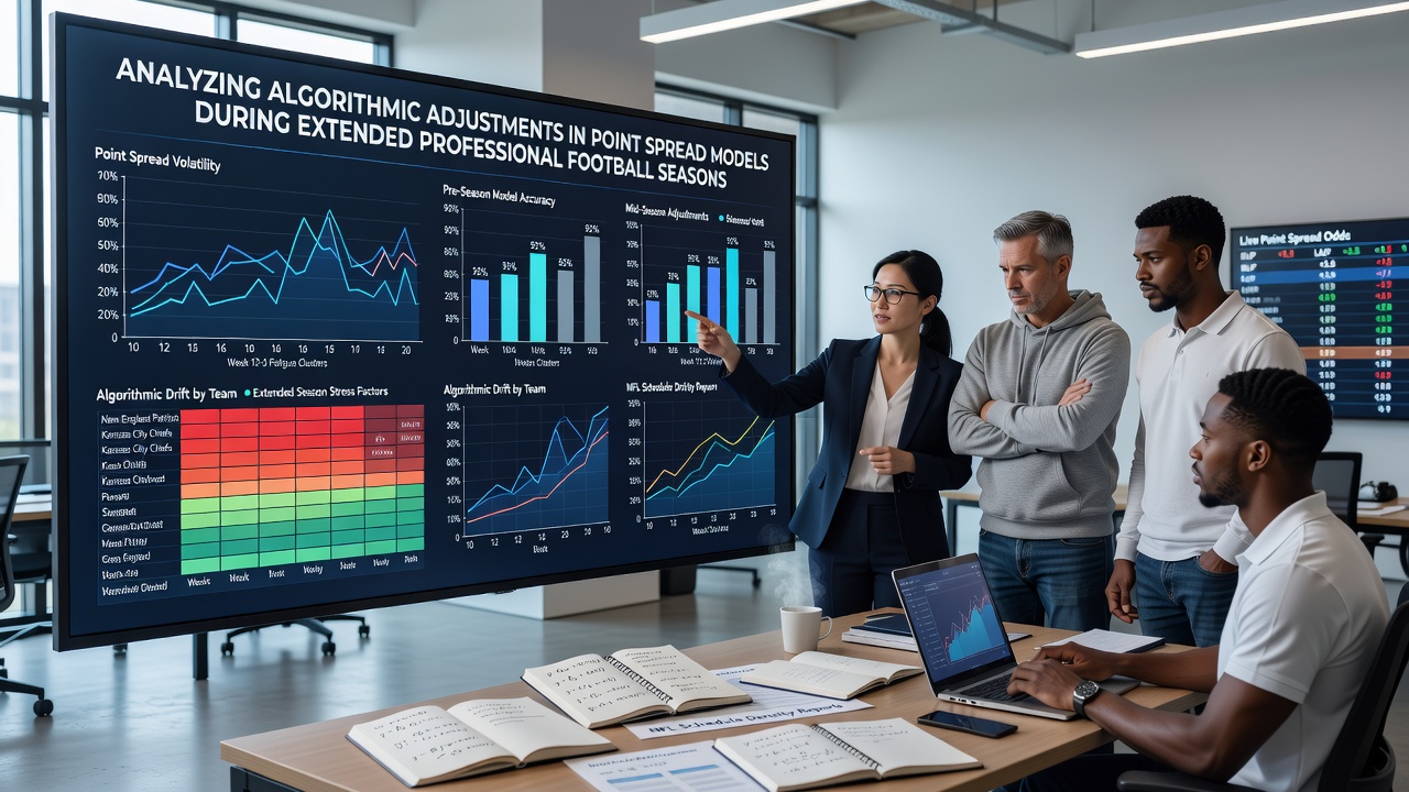 Analysts reviewing algorithmic outputs on multiple screens during NFL season extension analysis