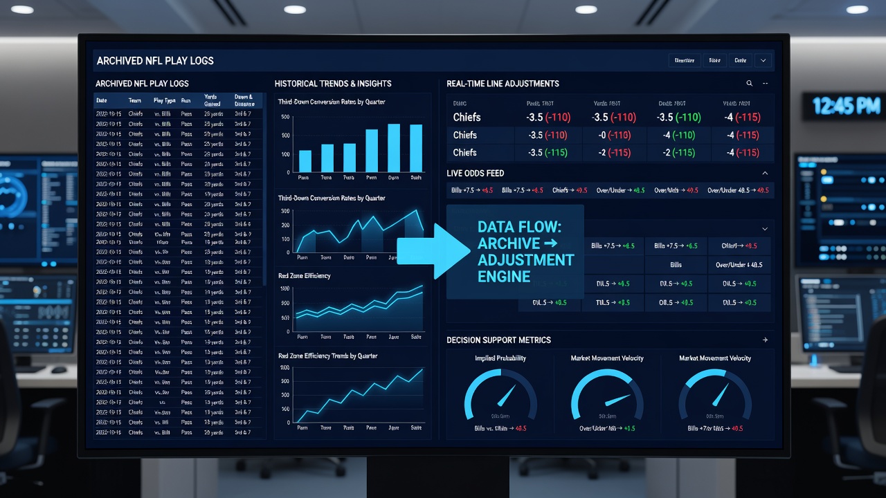 Analyst reviewing real-time NFL data feeds on multiple monitors