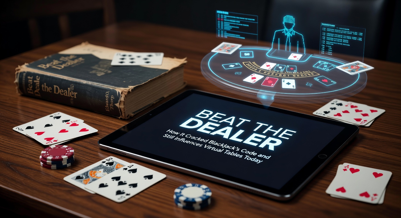 Vintage cover of Edward Thorp's 'Beat the Dealer' book alongside a blackjack table setup from the 1960s