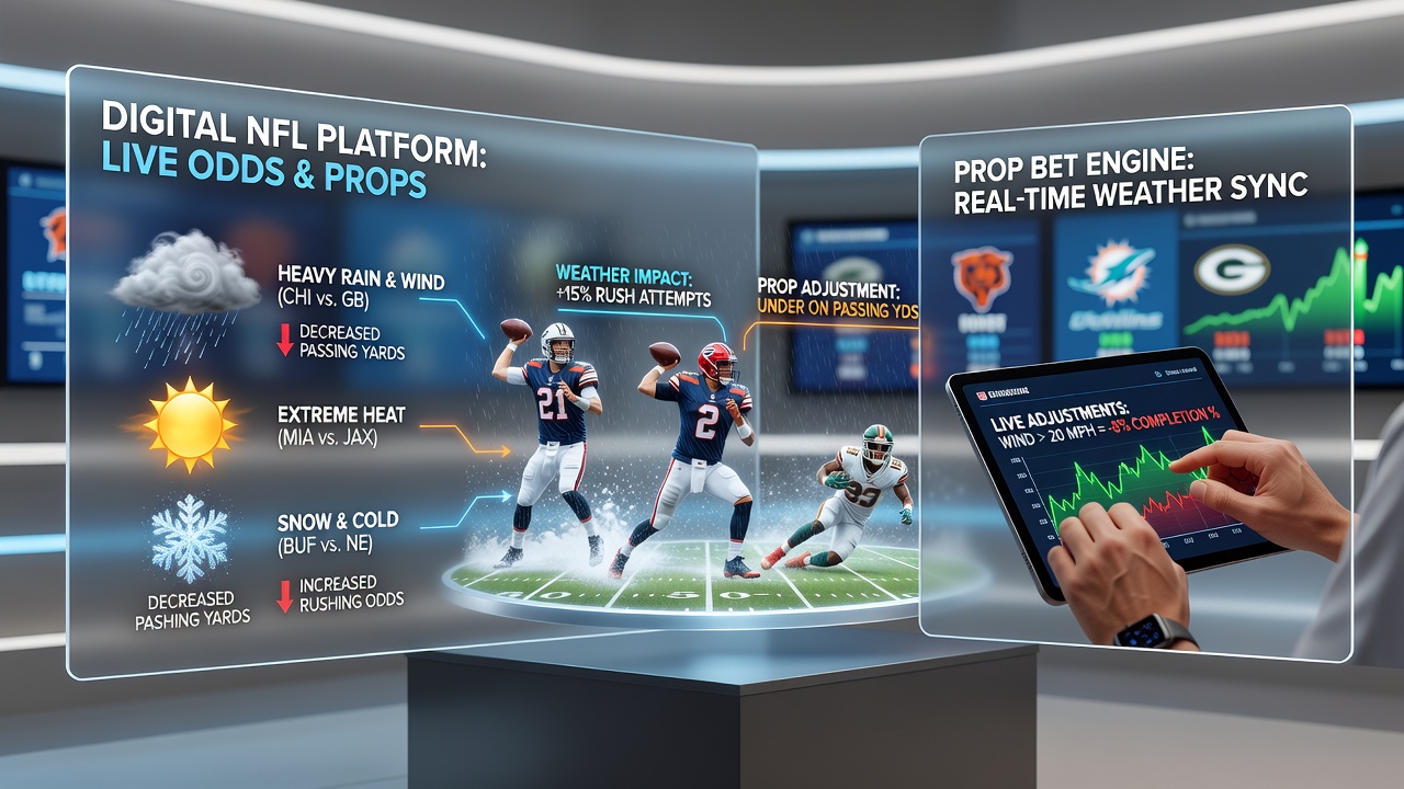NFL stadium under stormy skies with overlaid betting data graphs