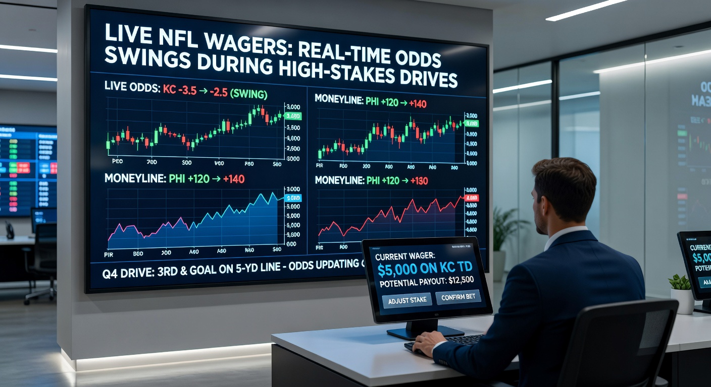 NFL players in action during a tense drive, with overlaid betting odds screen showing real-time shifts