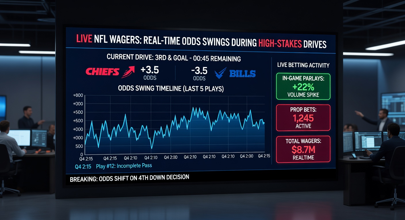 Close-up of a betting app interface during an NFL drive, displaying fluctuating odds for spreads, totals, and player props