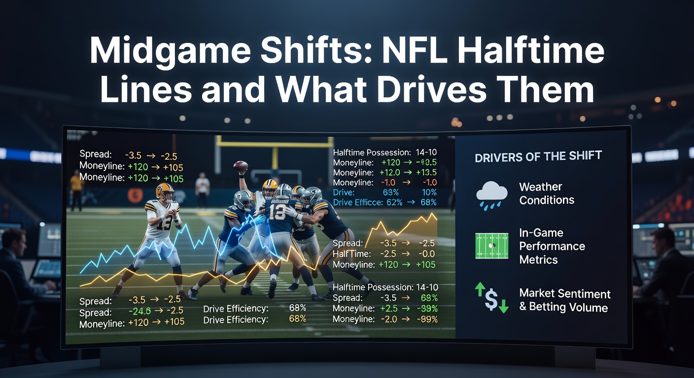 NFL stadium scoreboard displaying halftime betting lines during a tense game, with odds shifting in real time