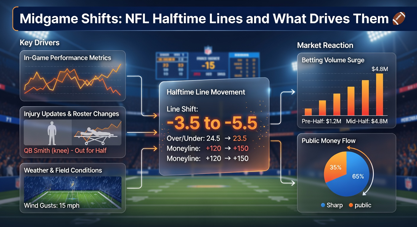 Close-up of an NFL player injury on the sideline, with betting odds overlay showing a sudden line shift