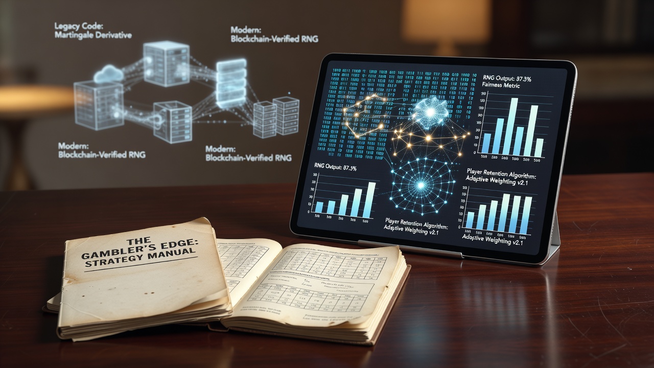 Vintage printed gambling strategy guides laid out beside modern casino software interfaces showing probability charts and algorithm flow diagrams