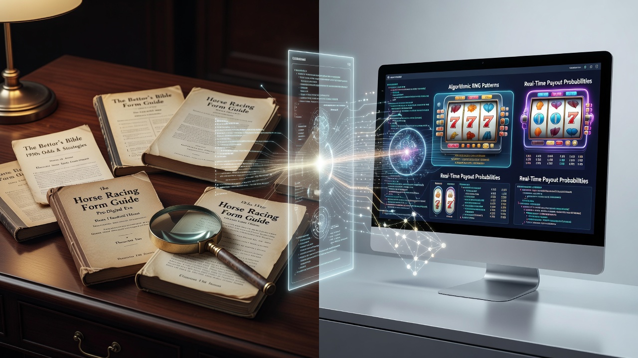 Side-by-side comparison of a 1970s printed blackjack strategy card and a current online casino algorithm dashboard displaying real-time probability metrics