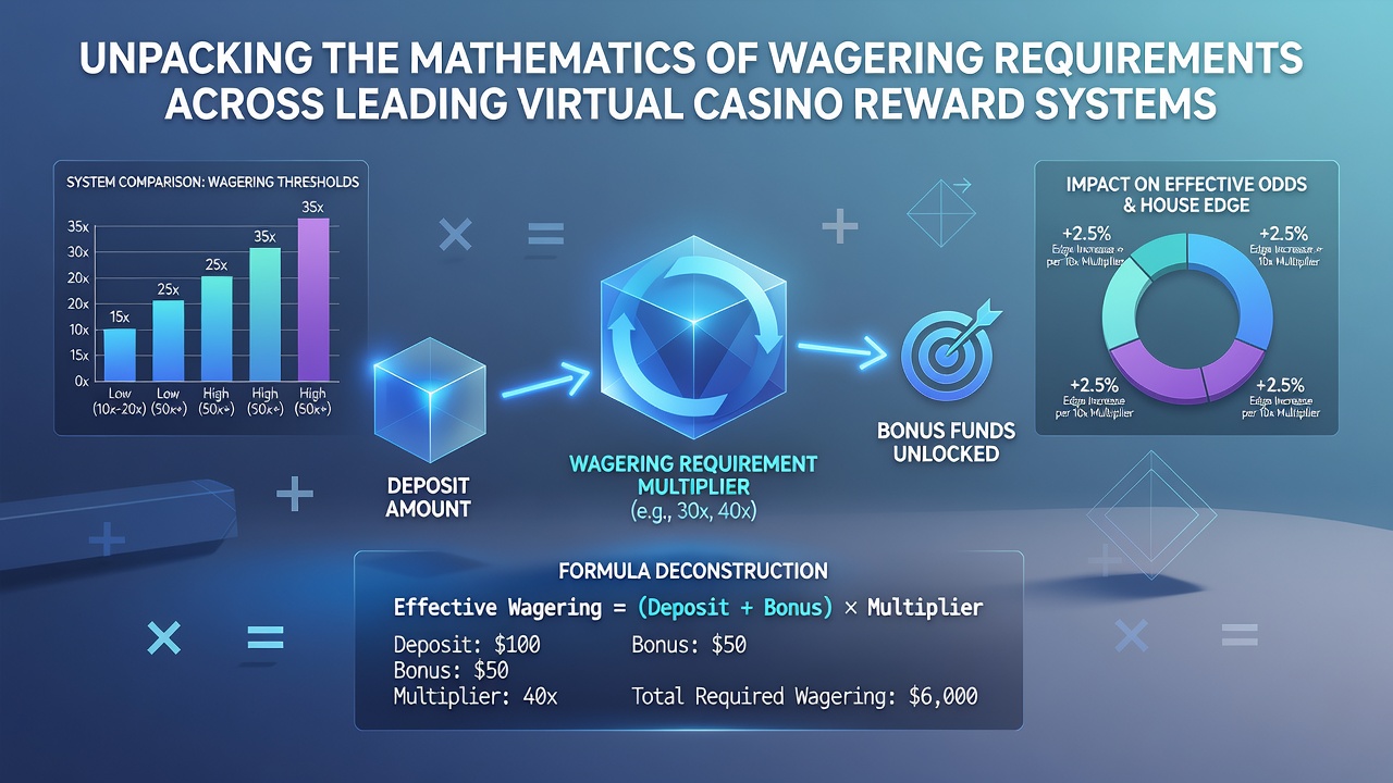 Chart comparing wagering requirement multipliers and game contribution rates across different virtual casino platforms